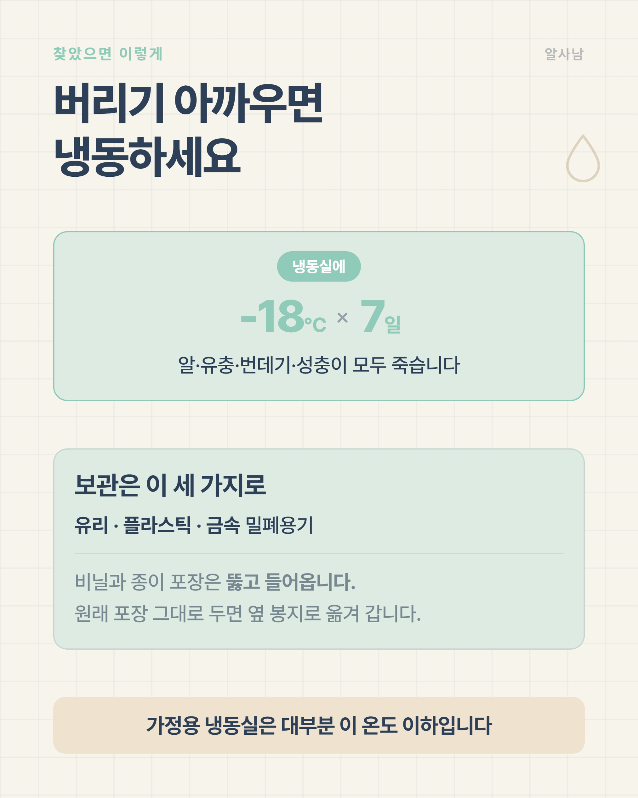 권연벌레 냉동 방제 — 영하 18도에서 7일, 유리·플라스틱·금속 밀폐용기 보관